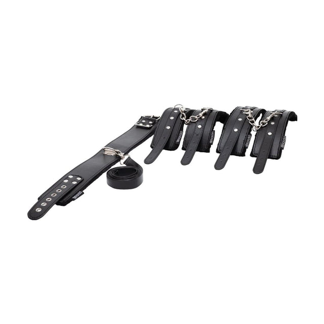 The Kinky One Bondage Kit is complete with 4 wrist or ankle cuffs, a collar restraint, rope, blindfold, flogger and tickler