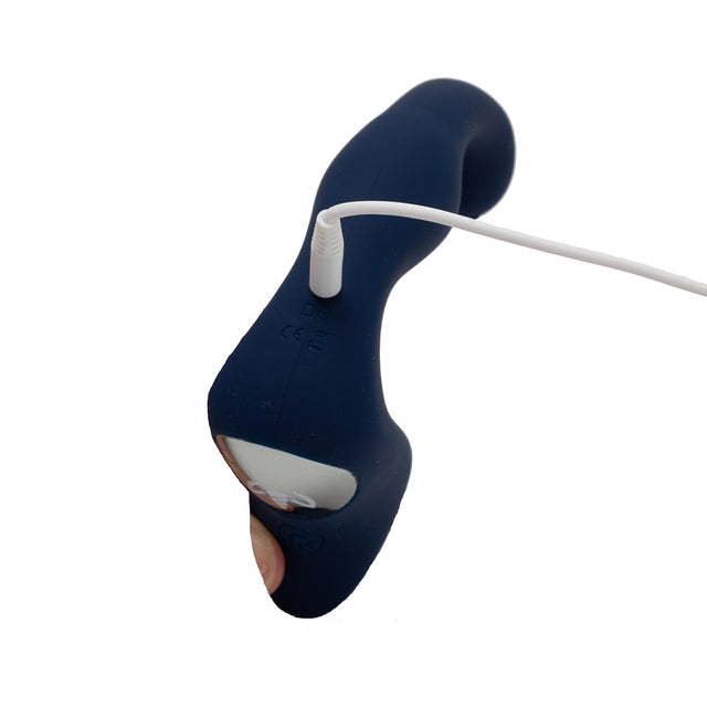 Rechargeable Prostate Massager by Kandid with 9 vibration patterns complete with storage pouch and USB cable, easily inserted into the back base of the products, indicated by the letters DC and a small hole within the silicone outer case of the product