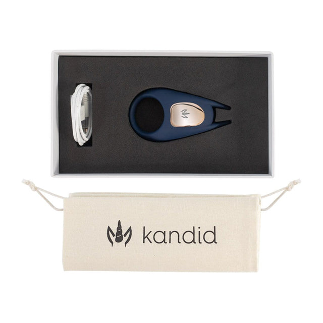 The rechargeable Kandid vibrating cock ring has 10 vibration settings and is complete with a storage pouch and USB cable