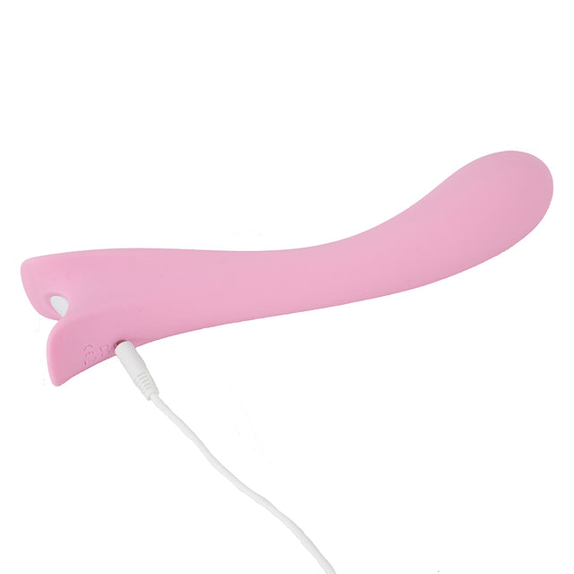 Rechargeable Pink Vibrator with 9 vibration patterns complete with storage bag and USB cable, easily inserted into the base of the toy, indicated by the marked letters DC and small hole within the silicone cover